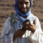 Un bereber en la carretera muestra un lagarto de cola partida y un camaleon